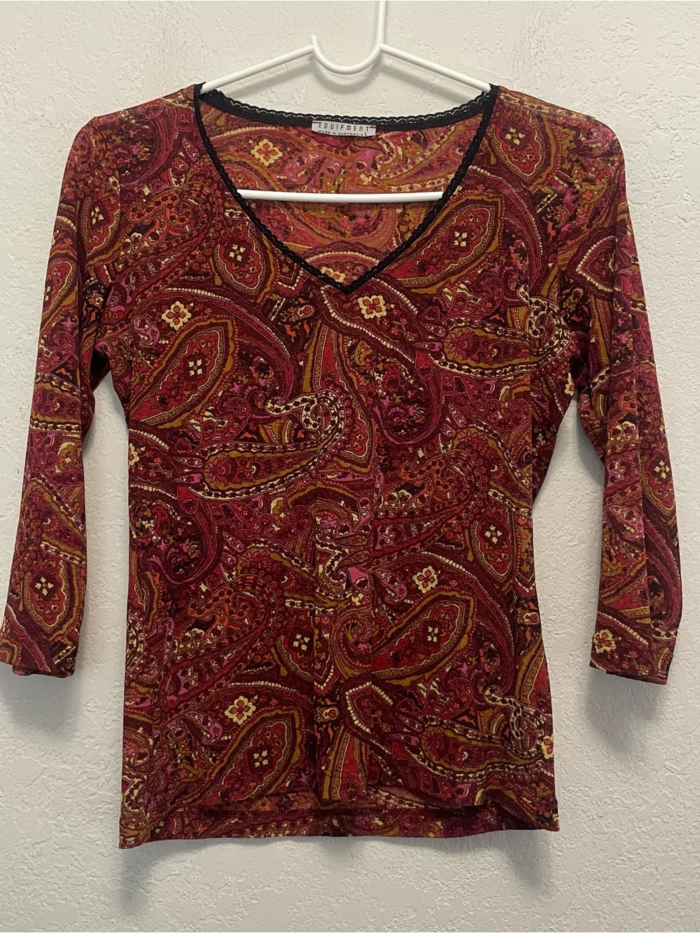 Equipment red paisley print blouse with lace trim size L fairycore boho